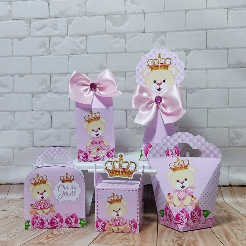 Kit Personalizados caixinhas CHÁ DE BEBÊ URSINHA PRINCESA Lembrancinhas aniversário-Festa PEGUE E MONTE