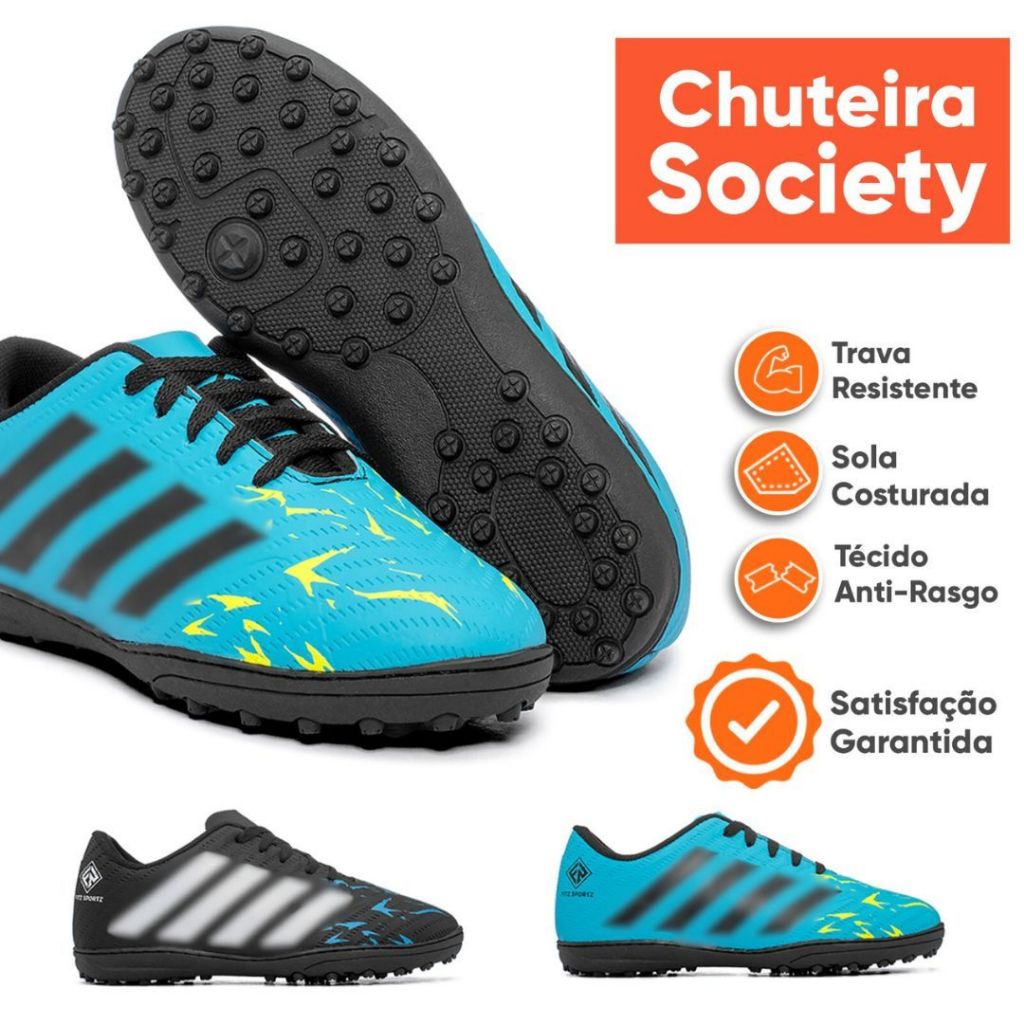 Chuteira Futsal e Society Costurada Antiderrapante Confortável para Quadra e Salão Reforçada