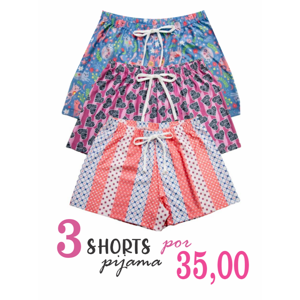 Kit 3 Shorts de Pijama Adulto Feminino em Microfibra Sublimada - Malha Geladinha