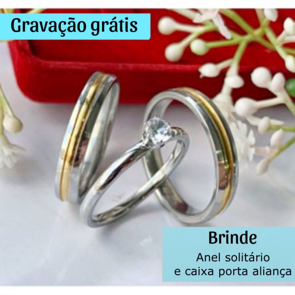 Par De Aliança Prata Com Fio Banhado A Ouro 18K Anel Solitário Caixa Porta Aliança Gravação Grátis Noivado Casamento
