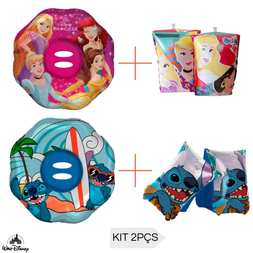 Kit Boia Inflável Circular Assento Fralda Piscina Stitch + 1 Par de Boia de Braço Infantil Inflável Piscina Verão Stitch