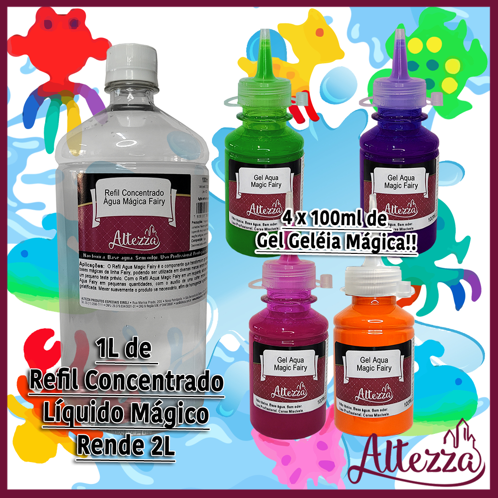 Gel Geleia Mágica 4 x 100ml Aqua Magic Fairy Slime Presente Colorida Novidade Squishy + Pó Mágico Líquido Concentrado