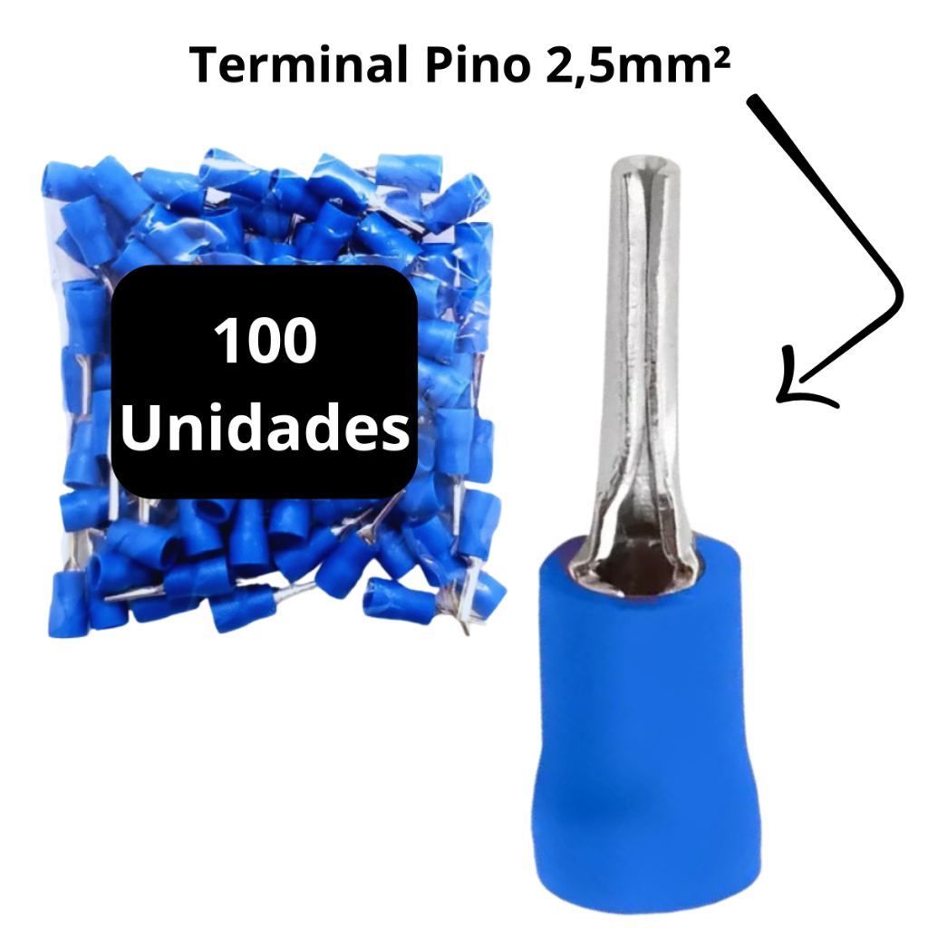Terminal Elétrico Pino Agulha 2,5mm Pré Isolado 100 Unidades