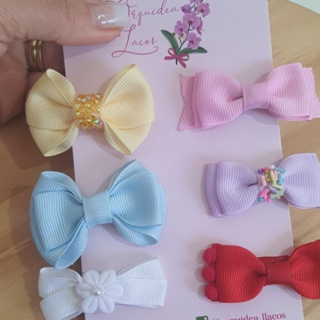 Laço de bebe mini kit 6 peças infantil colorido com pompom e granulado. em Oferta na Shopee