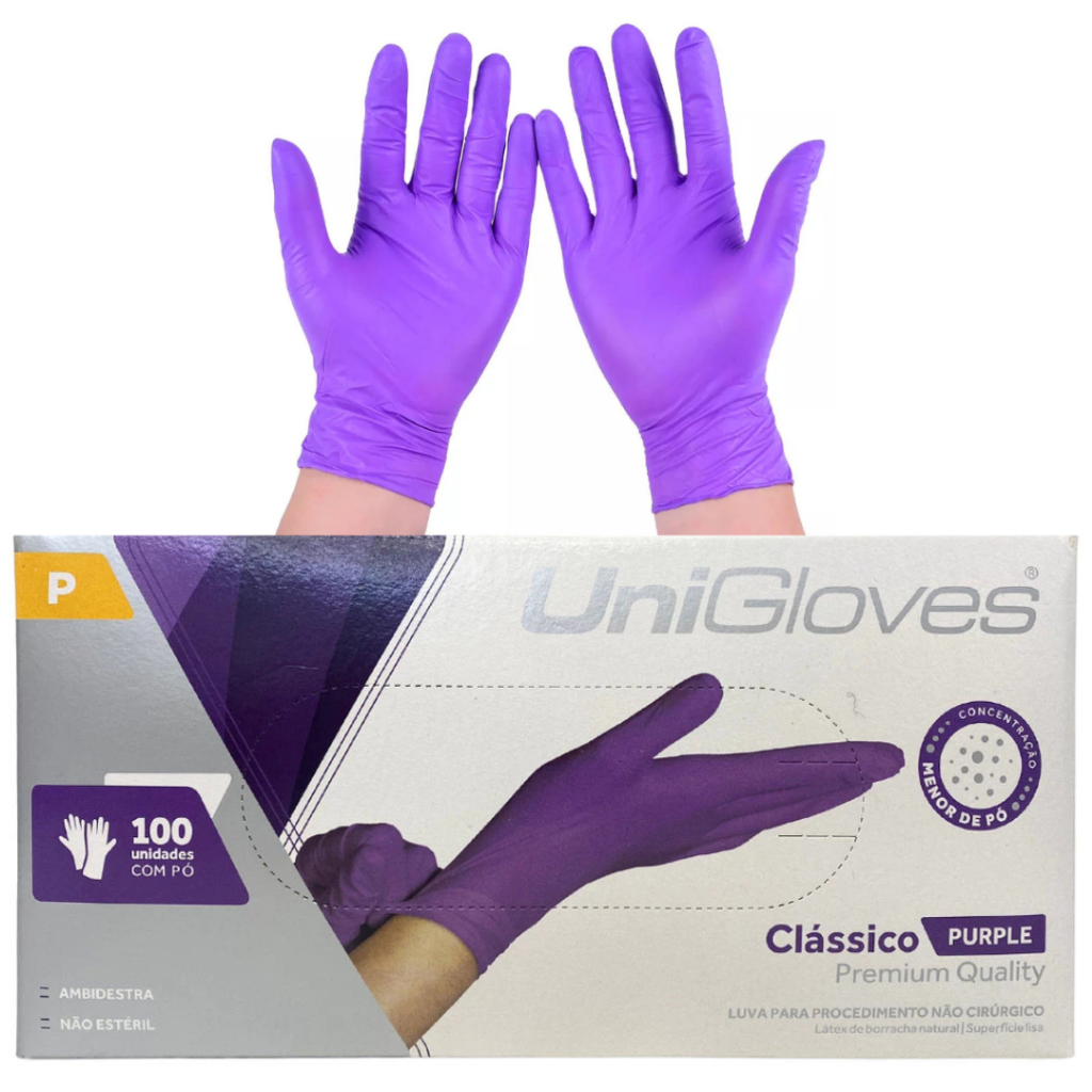 Luva Descartáveis Unigloves Látex clássico Roxa(Purple) C/100 Unidades Com Pó