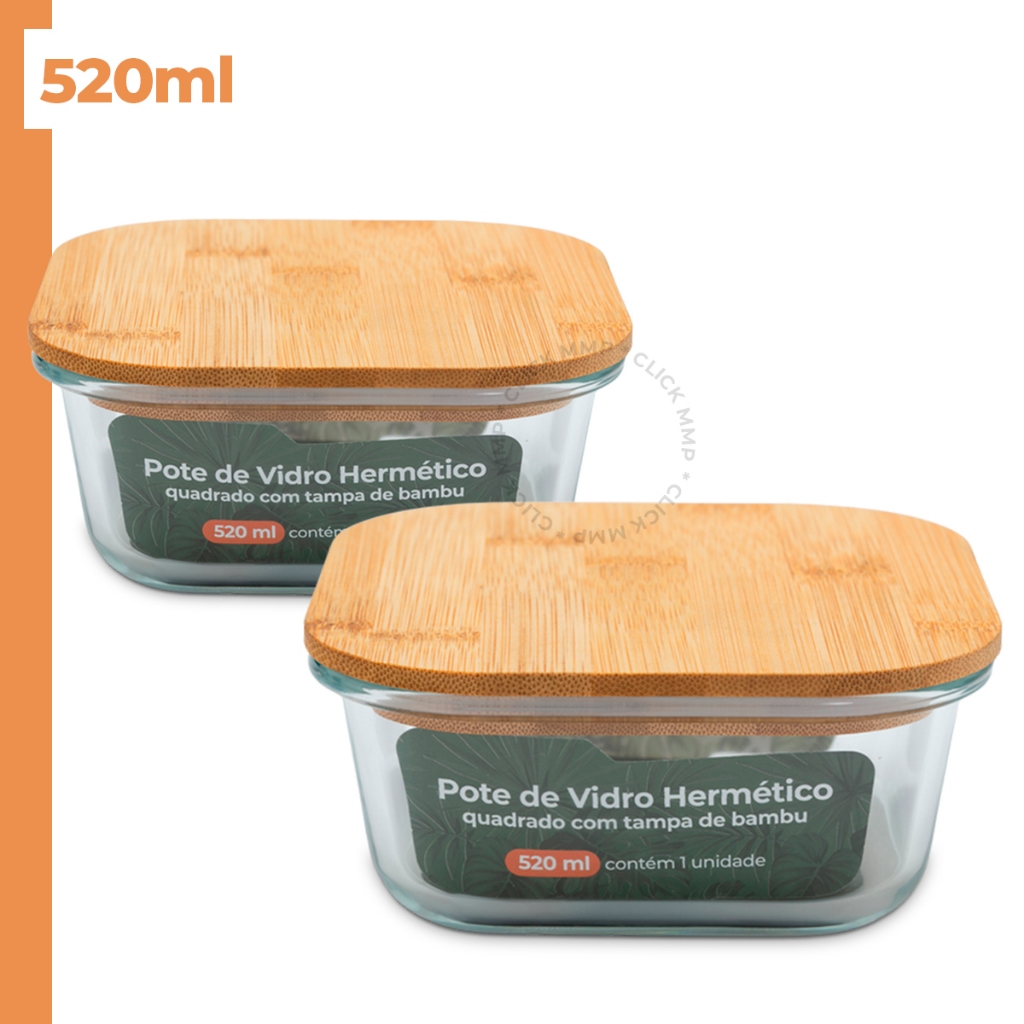 Kit de Potes Herméticos de Vidro Quadrado 520ml Tampa Bambu Anti-Manchas