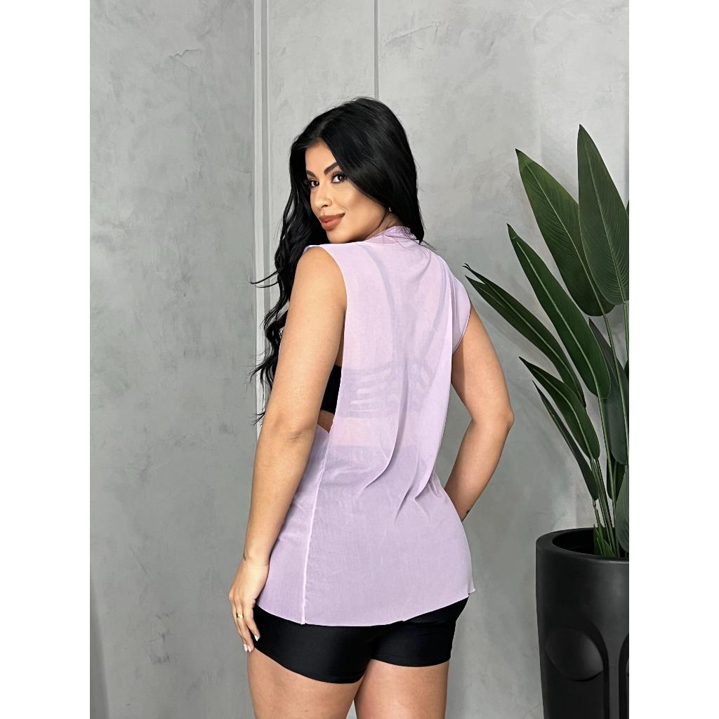 Blusa feminina regatão de tule fitness, roupa academia.