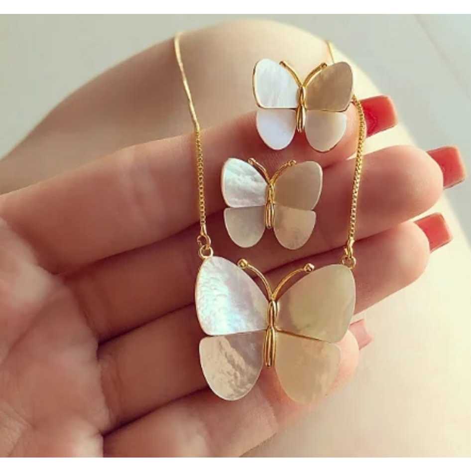 Conjunto Colar e Brincos Borboleta Luxo Pedra Madre Pérola Folheado Moda Feminina Presente Mulher
