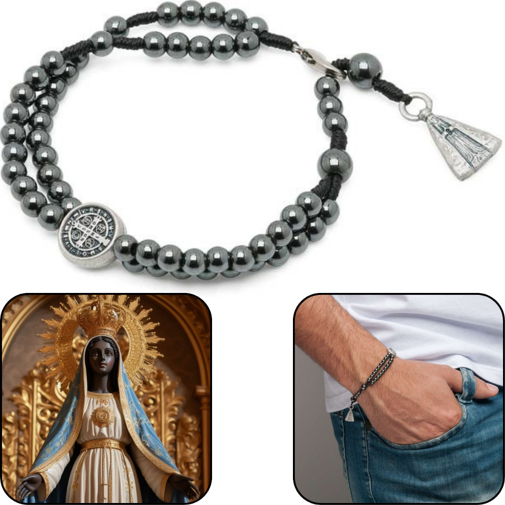 Pulseira Terço Hematita Nossa Senhora Aparecida São Bento