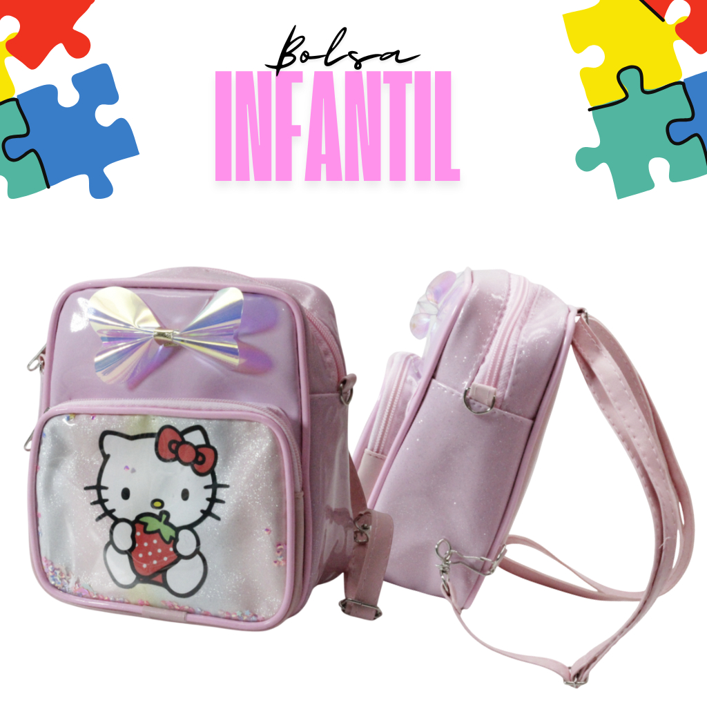 Bolsa 2 em 1, Mochila e Bolsa se Ombro com Desenho Personalizado, Infantil Hello Kitty