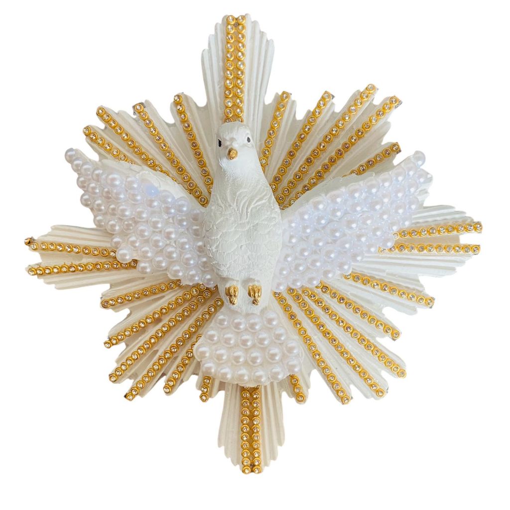 Divino Espírito Santo personalizado em strass e pérola para colocar na parede/porta - gesso 17 cm