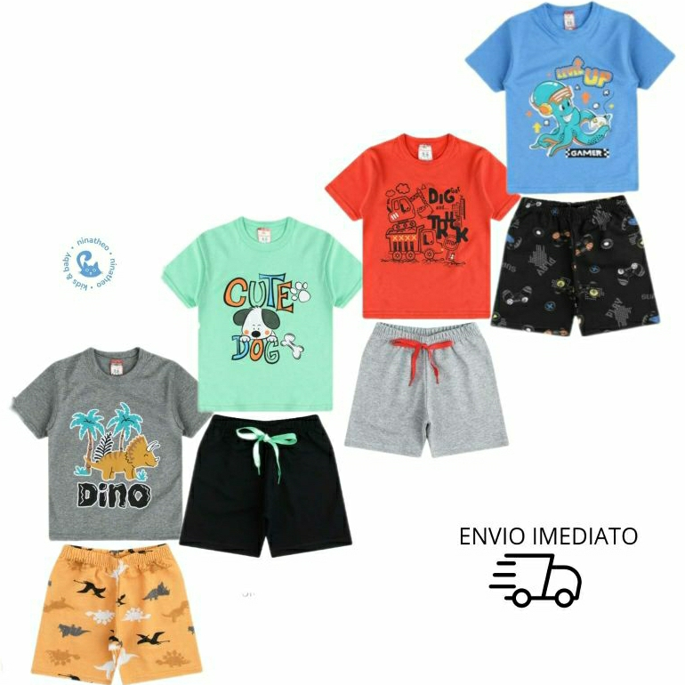 Kit Conjunto Infantil Menino - 2 Camisetas e 2 Bermudas ( 2 Conjuntos)( Tamanhos 1 ao 3)