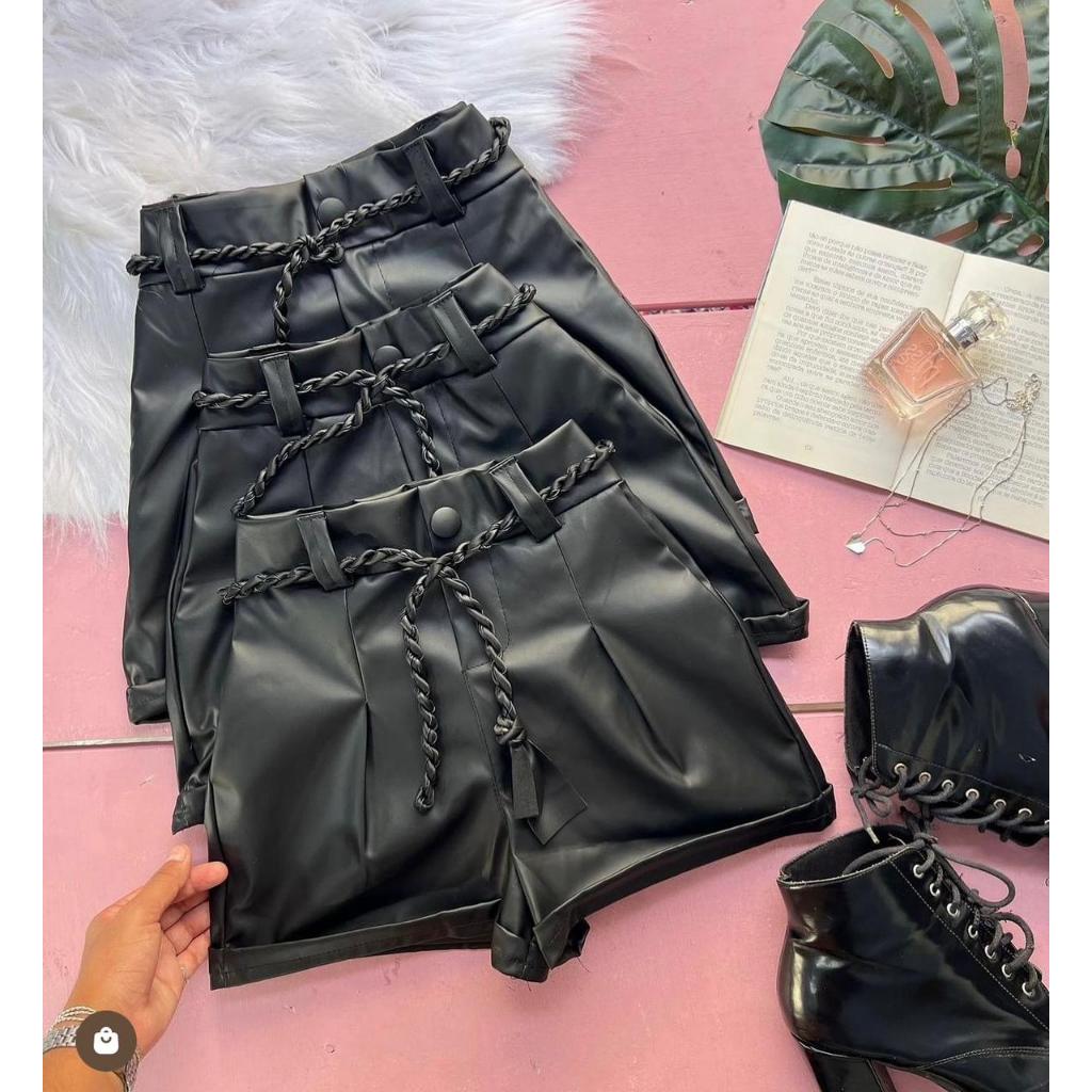 Short Feminino Couro Courino Cintura Alta Zara Plus Size Com Cinto De Cordão Amarração Couro Fake