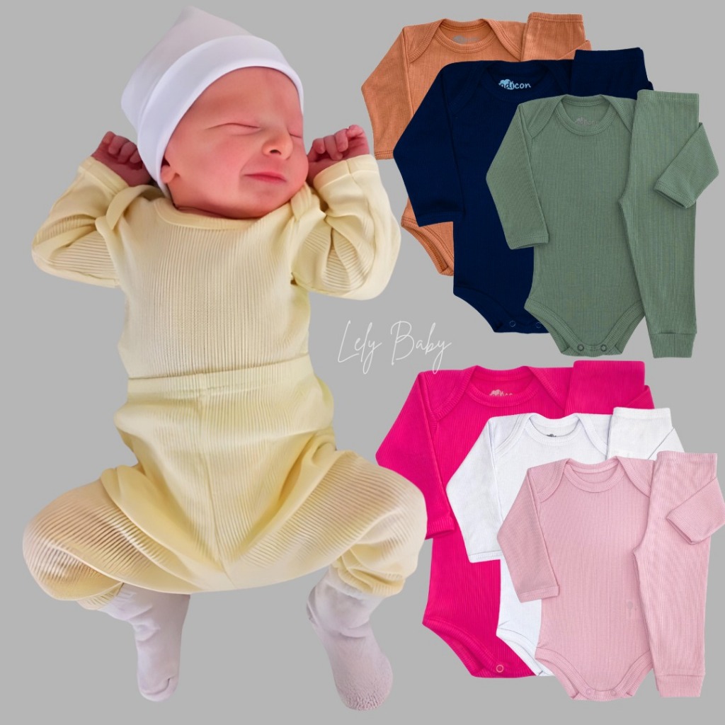 Kit 3 Body Bebê + 3 Calças Mijão Canelado Pagão Menino Menina Algodão Antialérgico RN ao G...