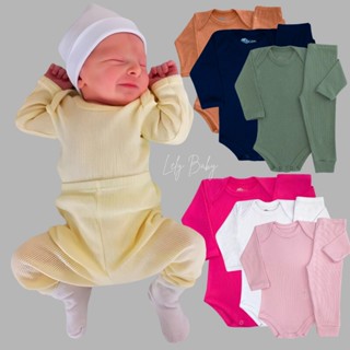 Kit 3 Body Bebê + 3 Calças Mijão Canelado Pagão Menino Menina Algodão Antialérgico RN ao G...