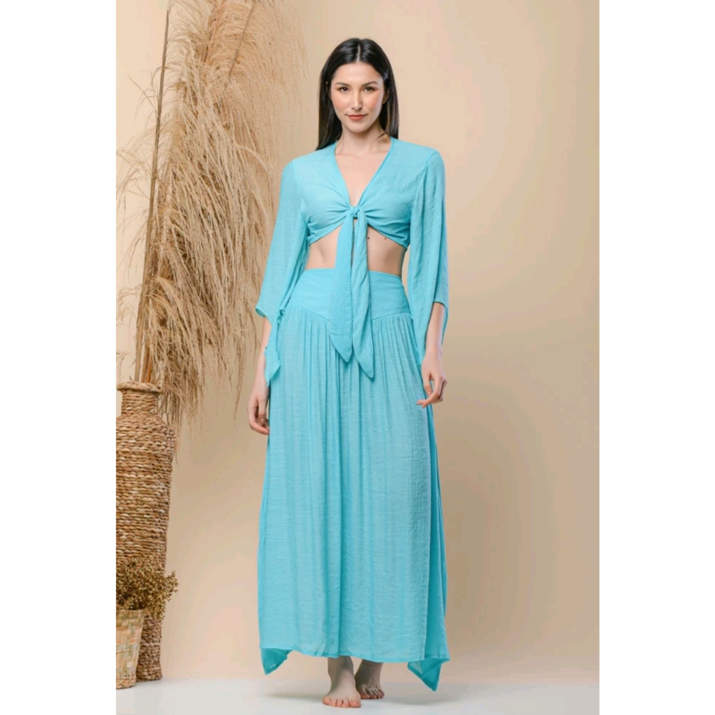 Conjunto Saia Longa Cropped de Amarrar Blusa Curta Com Saida de Praia 32012