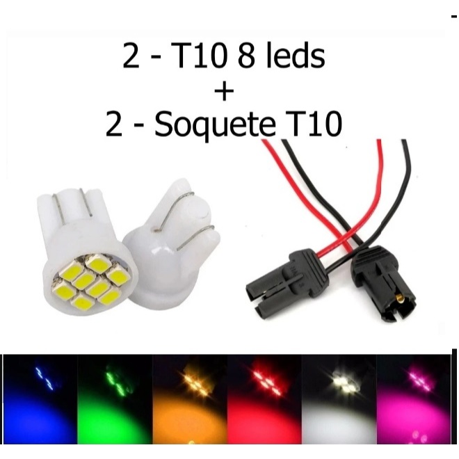 Par Chicote Soquete Conector T10 + Lâmpadas T10 8 Led Lanterna Farolete Luz de posição Ré Teto em Oferta na Shopee