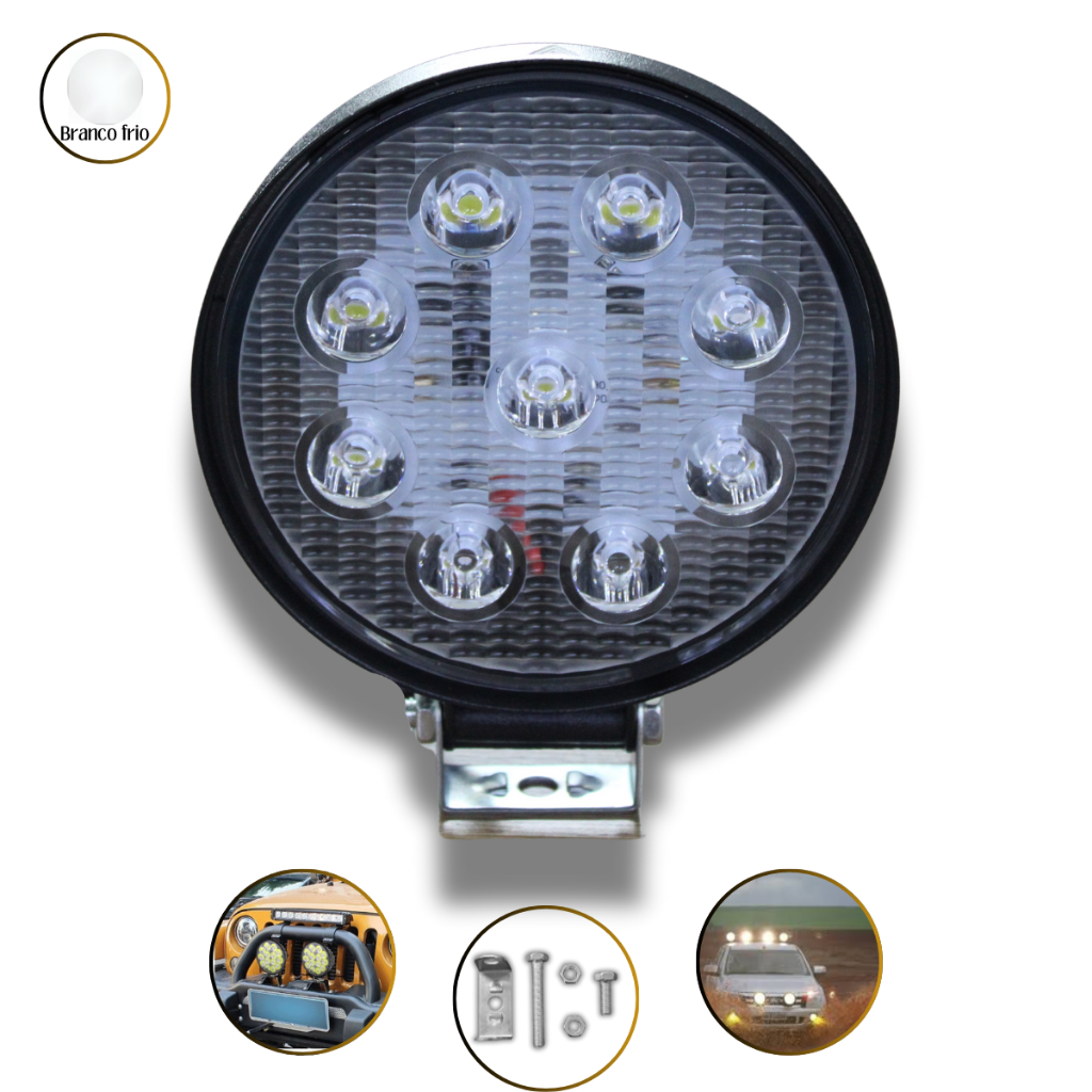 Farol Milha 12v 27w 9 led Branco frio 6500k Redondo IP66 Caminhonete Van Ônibus Caminhão Carro em Oferta na Shopee