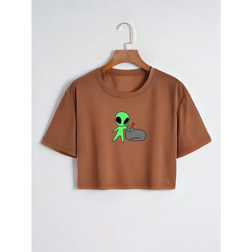 Cropped Algodão Blusinha T-shirt Feminina Estilosa Alien Com Gatinho