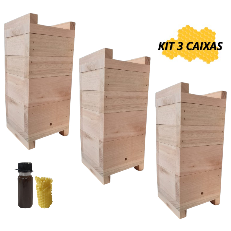 Kit 3 Caixas de Abelhas Jataí Inpa Eucalipto Rosa 10x10cm com 2 Melgueiras + Atrativo Captura 50ml + Cera