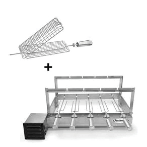 Kit Churrasqueira 5 Espetos Inox Gira Grill Giratório + 1 Espeto Grelha Motor Weg Bivolt