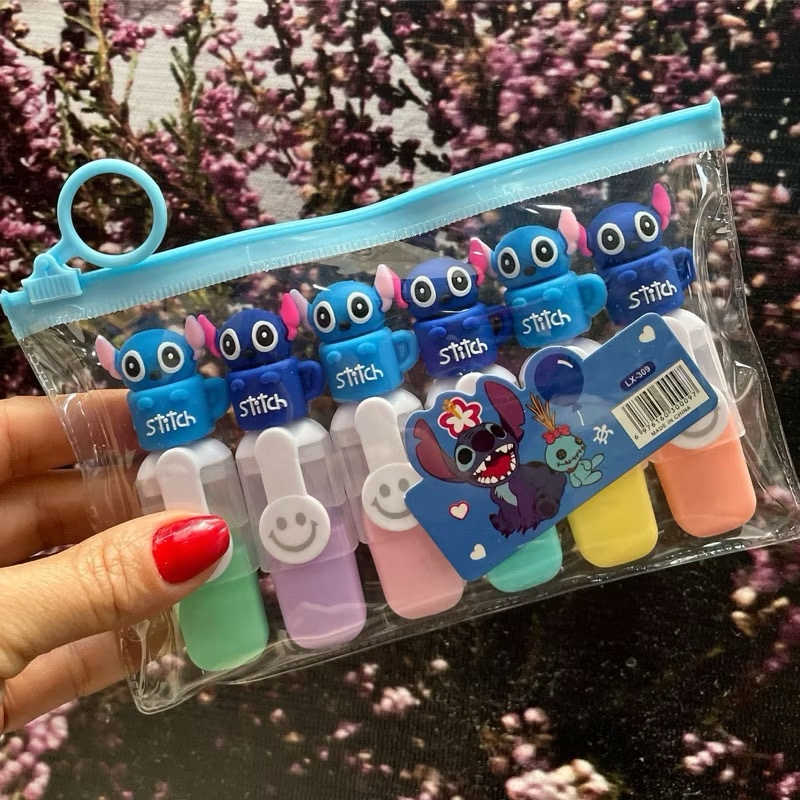 KIT MARCA TEXTO STITCH / 6 CORES / PAPELARIA FOFA KAWAII