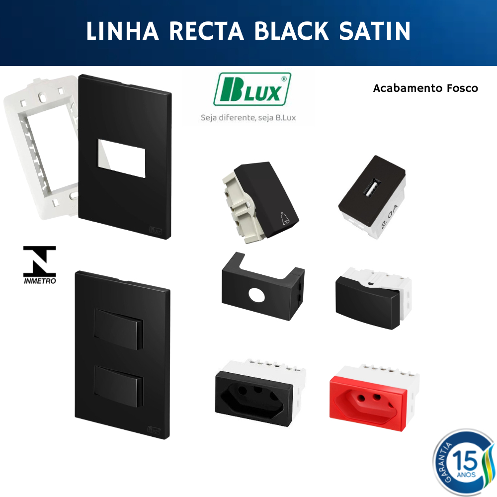 Conjunto Tomada Preto 4x2 10a 20a Tomada Interruptor Simples Paralelo Recta Black Satin Fosco BLUX em Oferta na Shopee