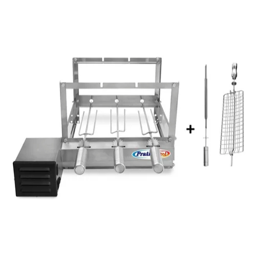 Kit Churrasqueira Gira Grill 3 Espetos Inox + 1 Espeto Espada E 1 Espeto Grelha