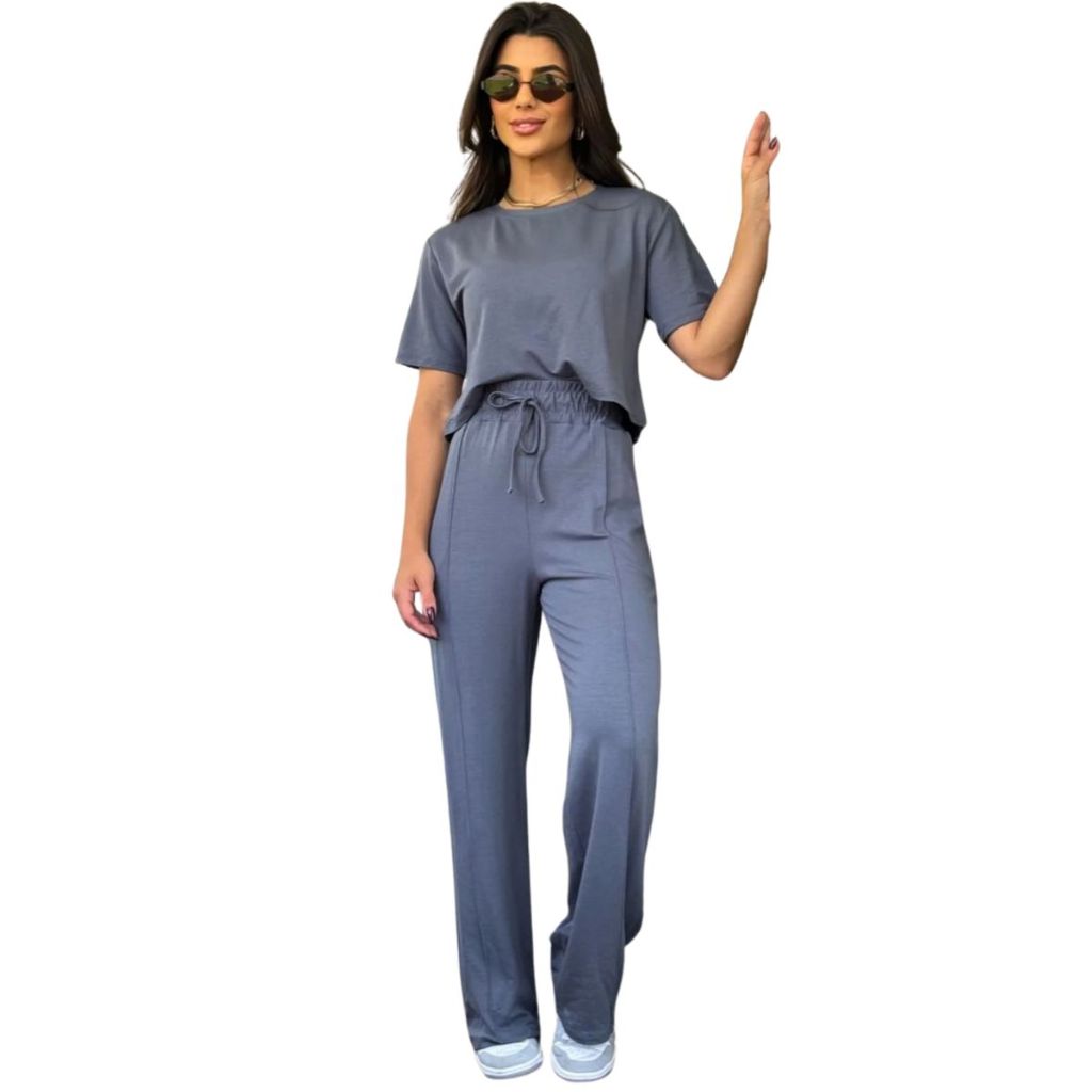 Conjunto Tecido Moletinho Blusa Cropeed Manga Curta E Calça Pantalona Linha Premium