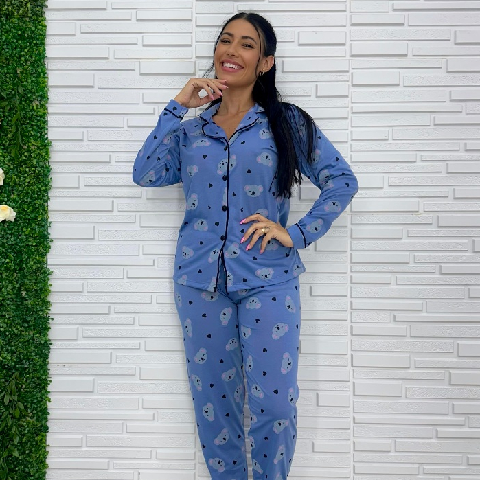 Pijama longo blogueirinha americano blogueira inverno botão gestante amamentação