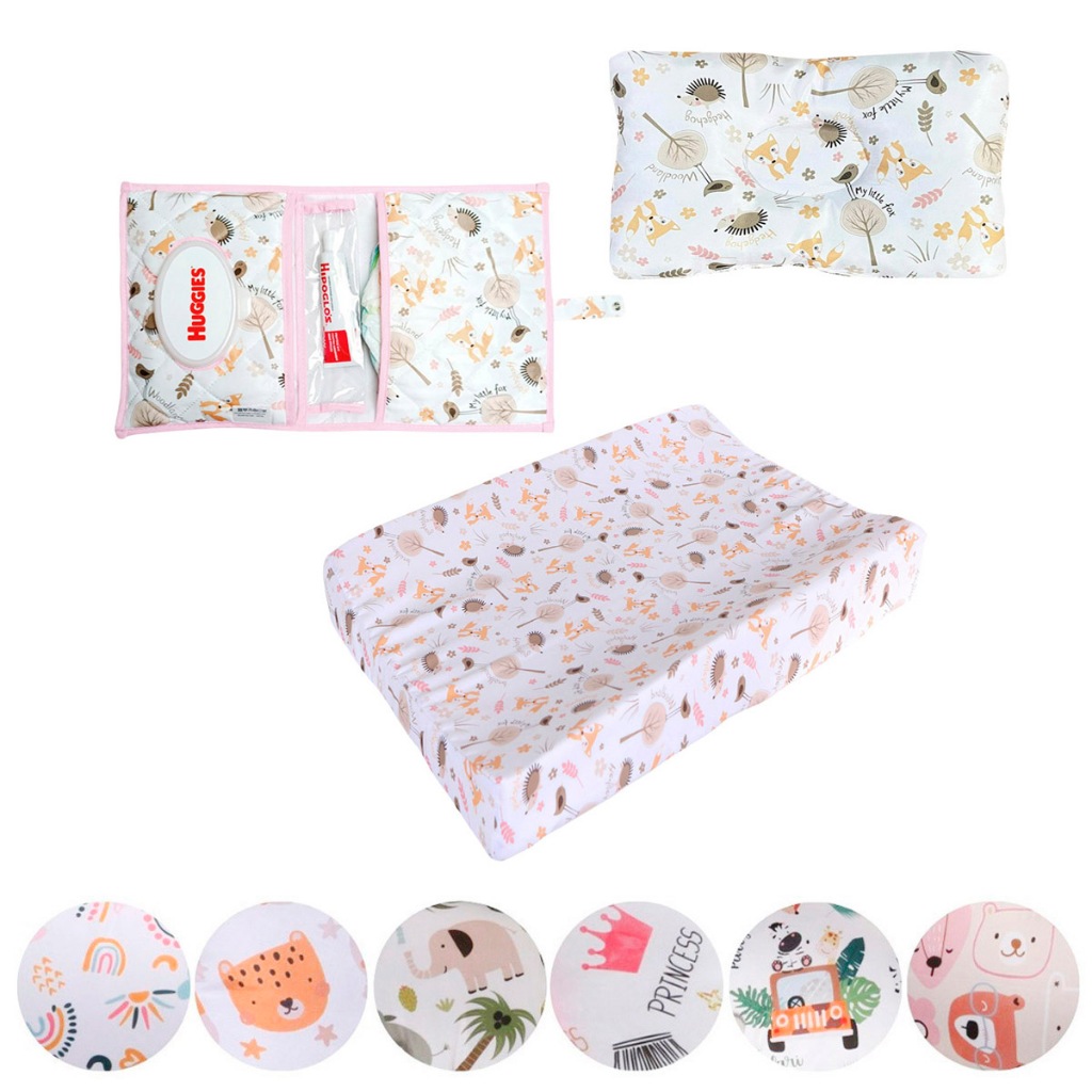 Kit Porta Fralda Lenço + Travesseiro Cabeça Chata + Trocador de Fraldas Impermeável Menina Menino