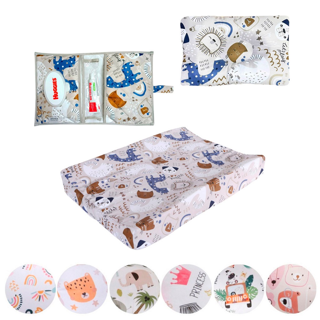 Kit Trocador de Fraldas Impermeável + Porta Fralda Lenço + Travesseiro Cabeça Chata 03 Peças