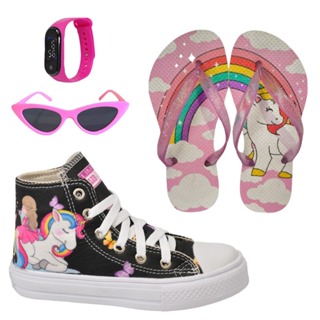 Tênis Infantil Feminino Unicórnio Sereia Cano Alto + Chinelo Óculos Relógio em Oferta na Shopee