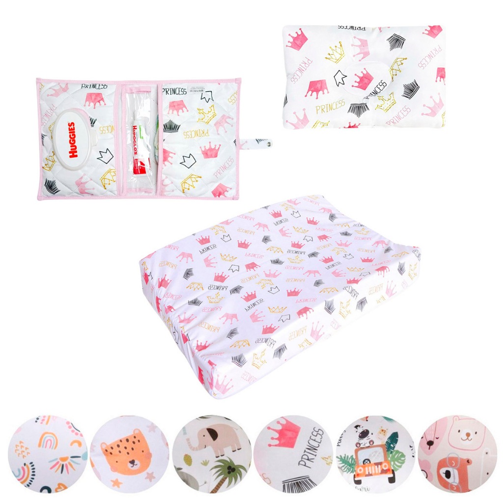 Kit 03 Peças Porta Fralda Lenço Pomada + Trocador de Fraldas + Travesseiro Anatômico Para Bebê