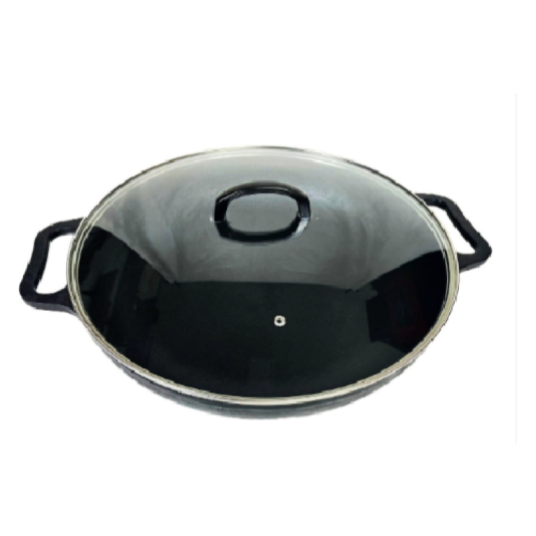 Paella Frigideira Ferro 40cm Alças De Ferro Tampa De Vidro