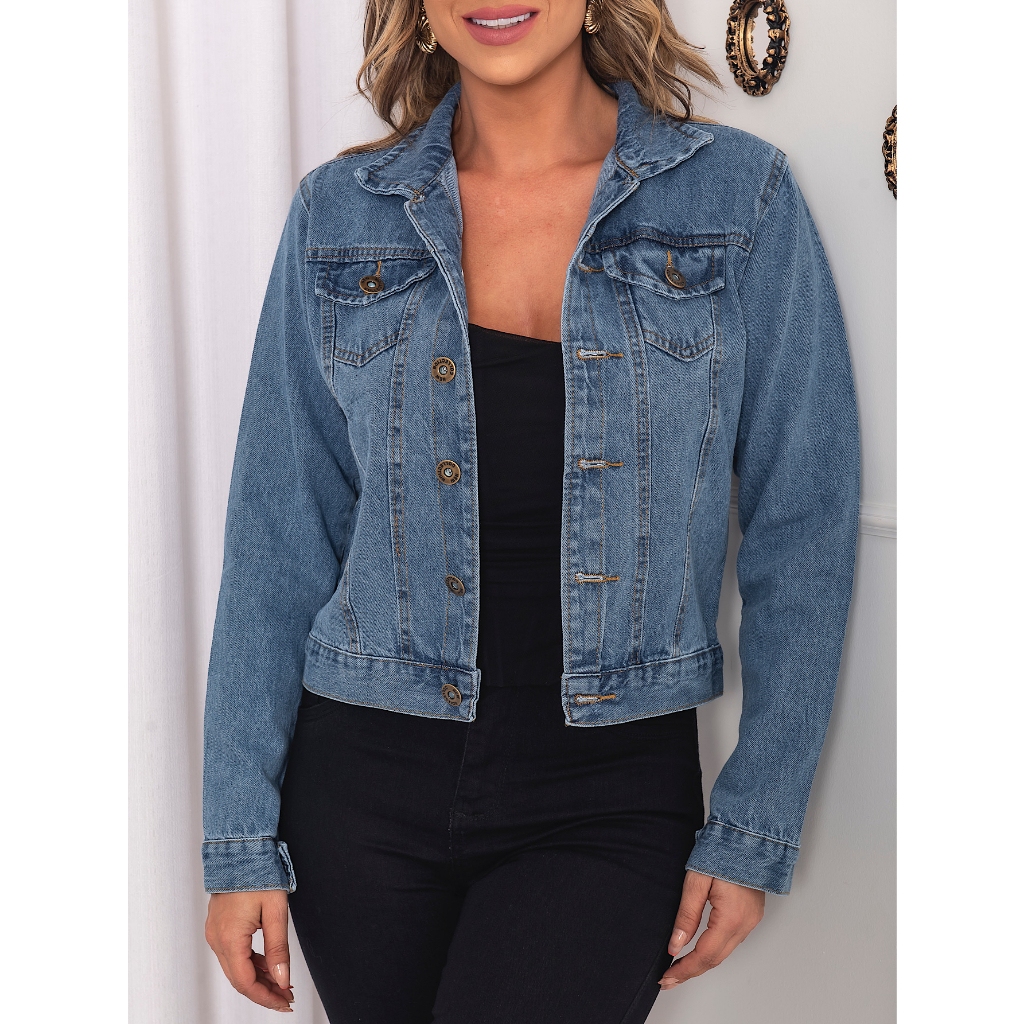 JAQUETA FEMININA JEANS LISA COM BARRA LANÇAMENTO, lavagem aleartoria