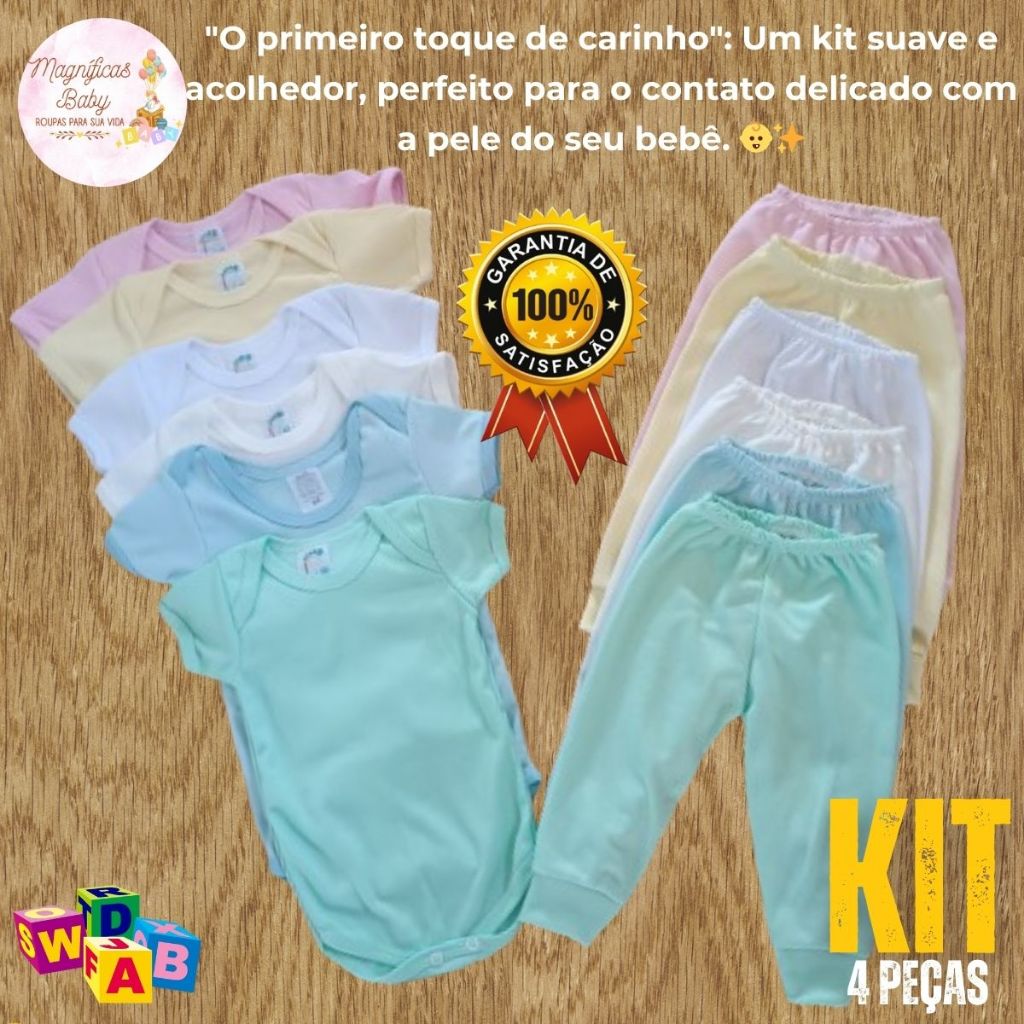 Kit 4 Peças Body Manga Curta e Mijão 2 Conjuntos Roupa de Bebê Kit Enxoval Recém Nascido B...