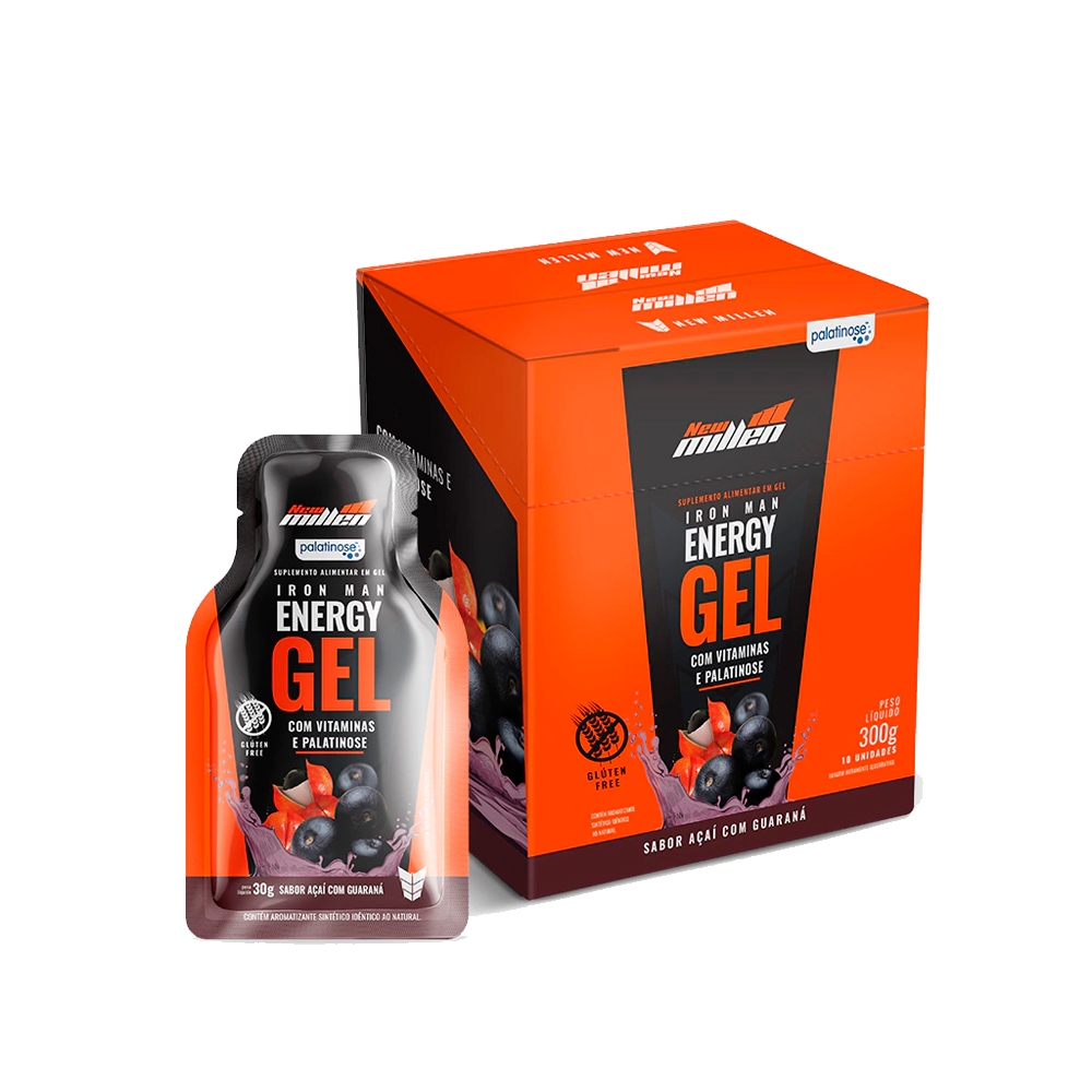Gel Energético Iron Man Energy Gel (Sem Cafeína) - Caixa c/ 10 Sachês 30g Cada - New Millen - Health