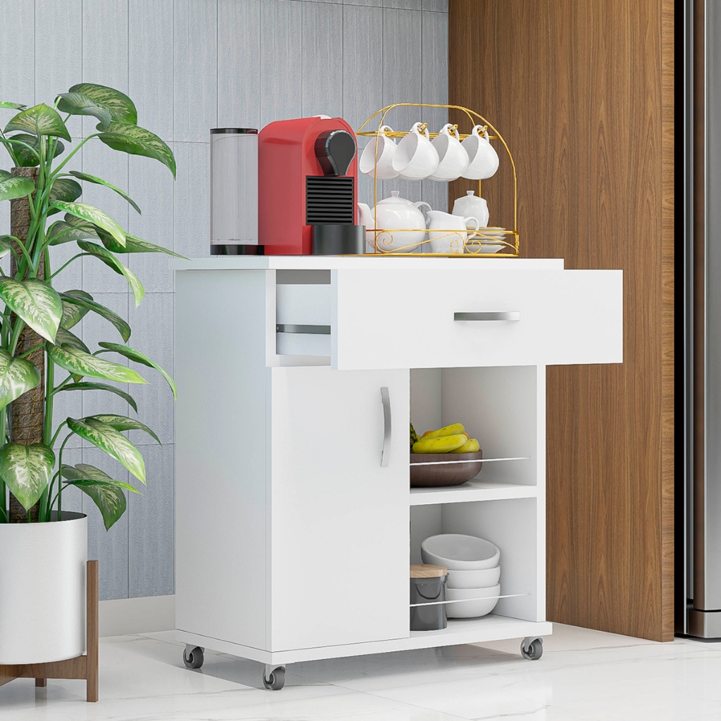 Armário para Cozinha Organizador 1 Gaveta 1 Porta com Rodinhas Suporte Microondas - Home & Living
