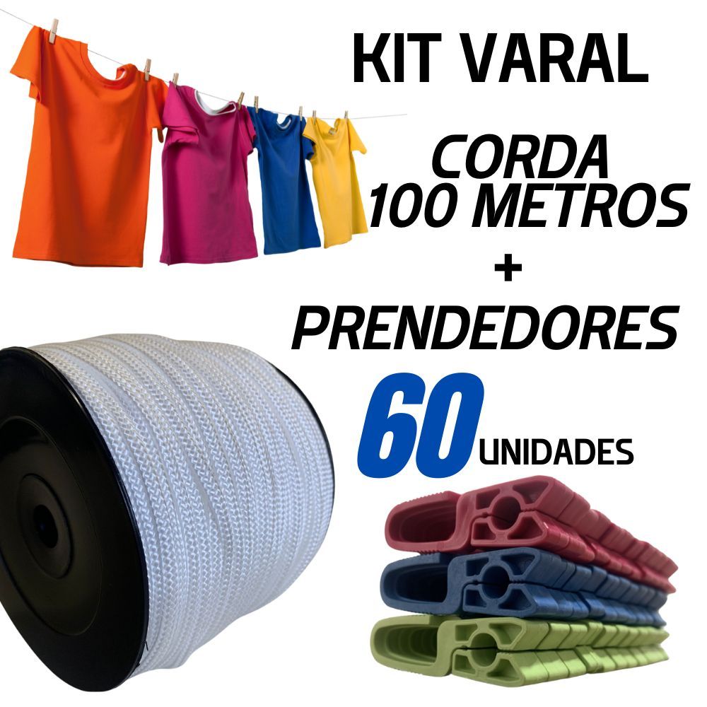 Kit Varal – Corda 100m 4mm + 60 Prendedores | Super Resistente | Varal Completo