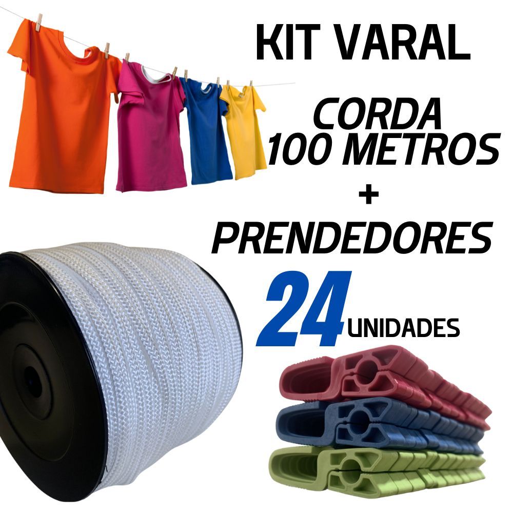Kit Rolo Corda Náutica para Varal 100 metros 4 mm super branca + 24 prendedor de roupa