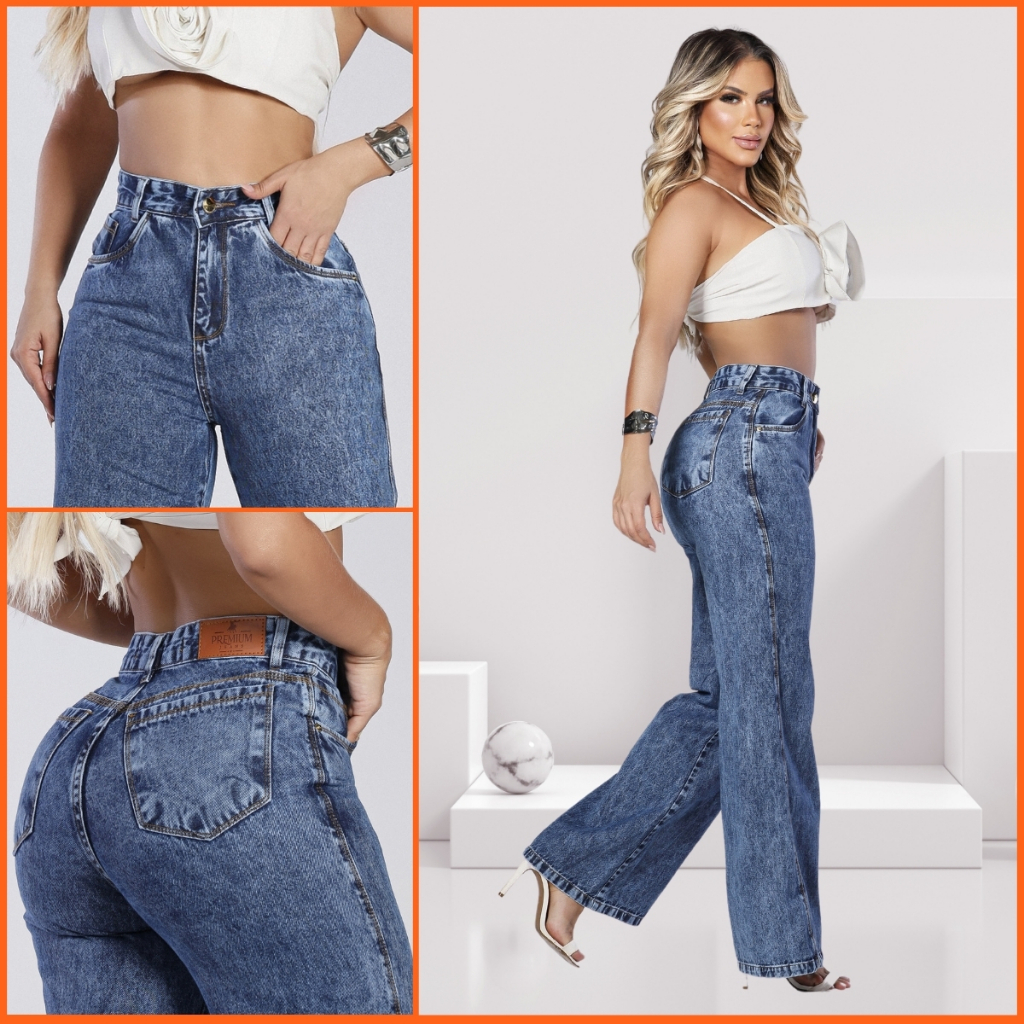 Calça Jeans Feminina Wide Leg Pantalona Cós Alto 100% Algodão Premium Boca Larga Blogueira