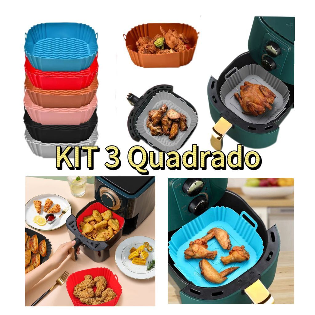 KIT 3 Forma De Silicone Para Air Fryer Forno Microondas Fritadeira Assadeira – Reutilizável Antiaderente Flexível