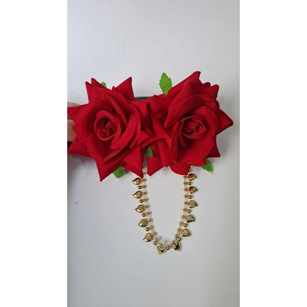 PRENDEDOR PENTE DUPLA FLORES VERMELHAS MÉDIA E DOURADO LUXO LUXO CIGANA DANÇA DO VENTRE PADILHA UMBANDA E CANDOMBLÉ AXÉ