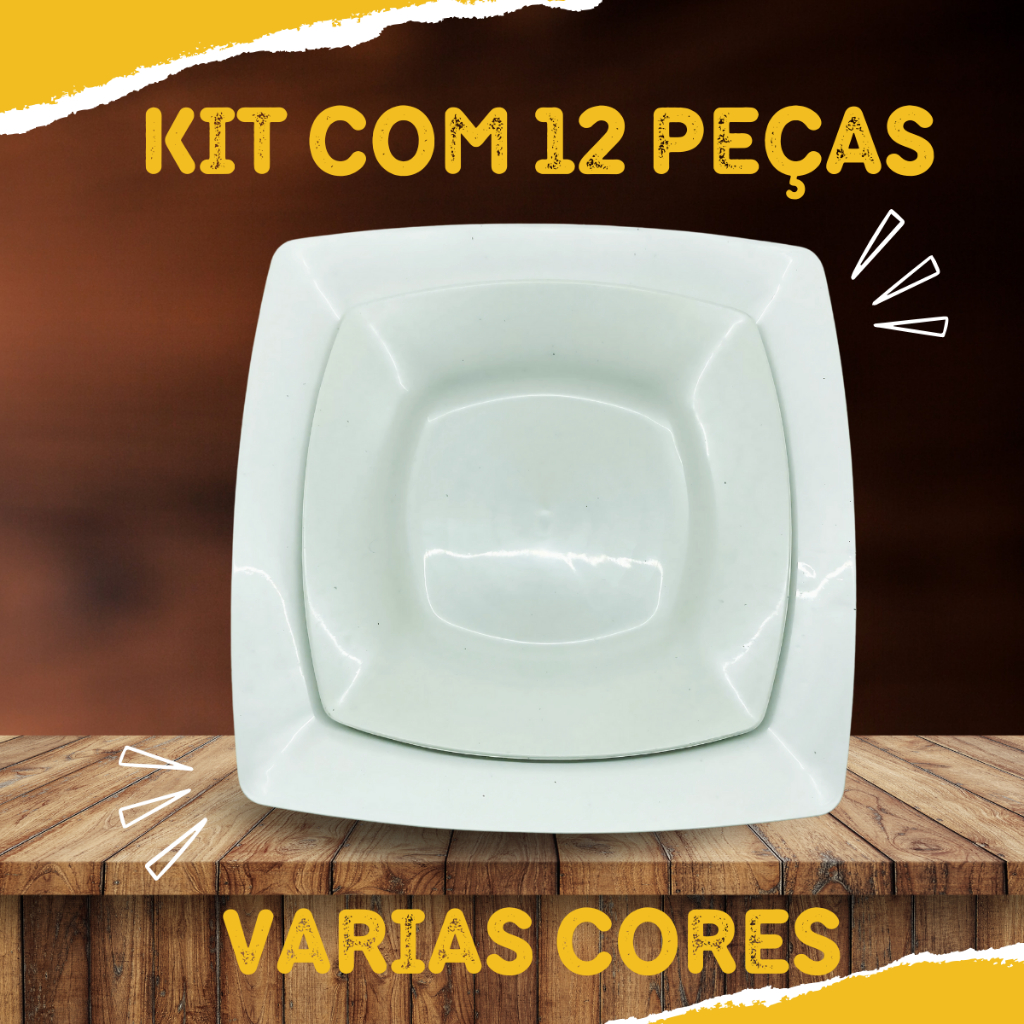 Kit 12 Pratos Quadrados - 6 Pratos para Refeição + 6 Pratos para Sobremesa Varias cores