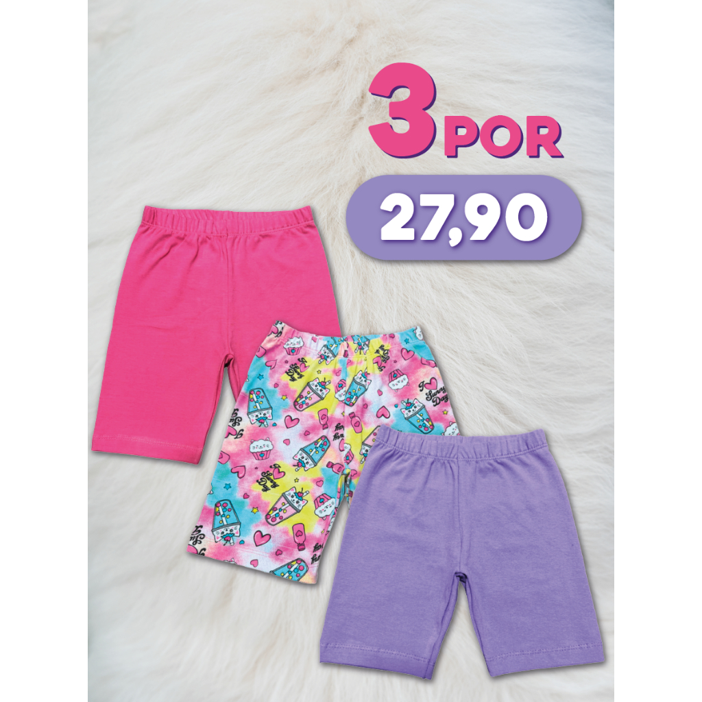 Kit Com 3 Shorts Legging Ciclistas Infantil Menina - Kit Sortido Bermuda Feminina