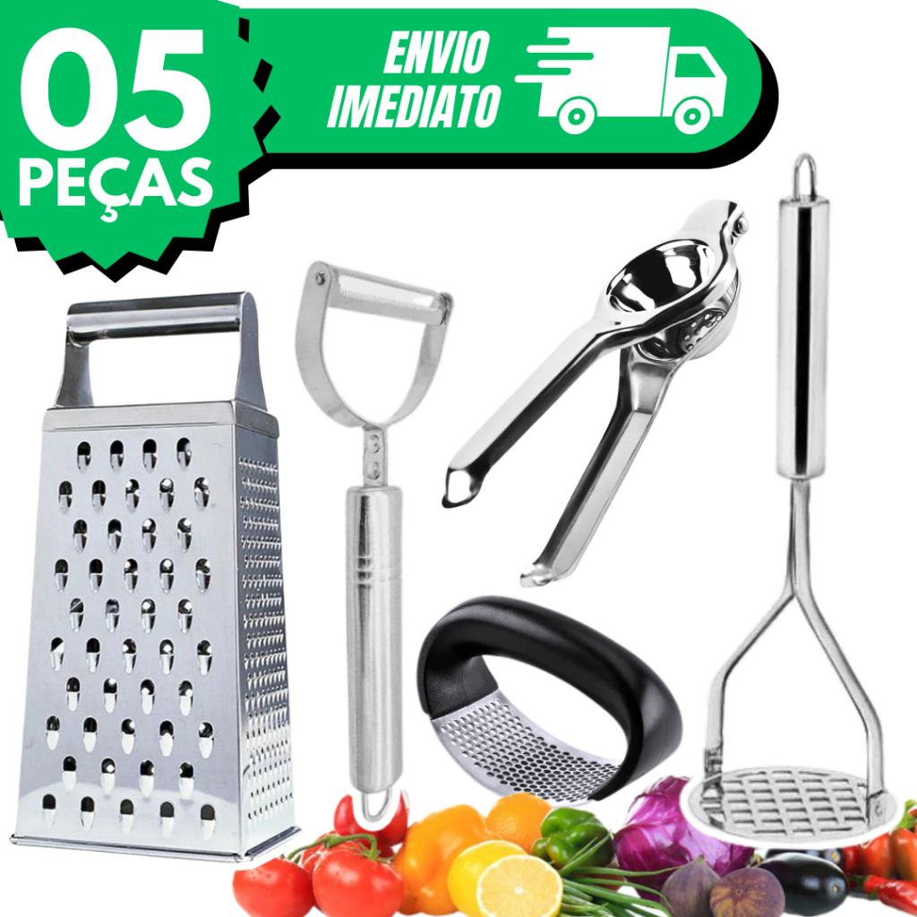 Kit 5 Utensílios Descascador  + Amassador Batata + Alho  Ralador + Espremedor Limão INOX C...