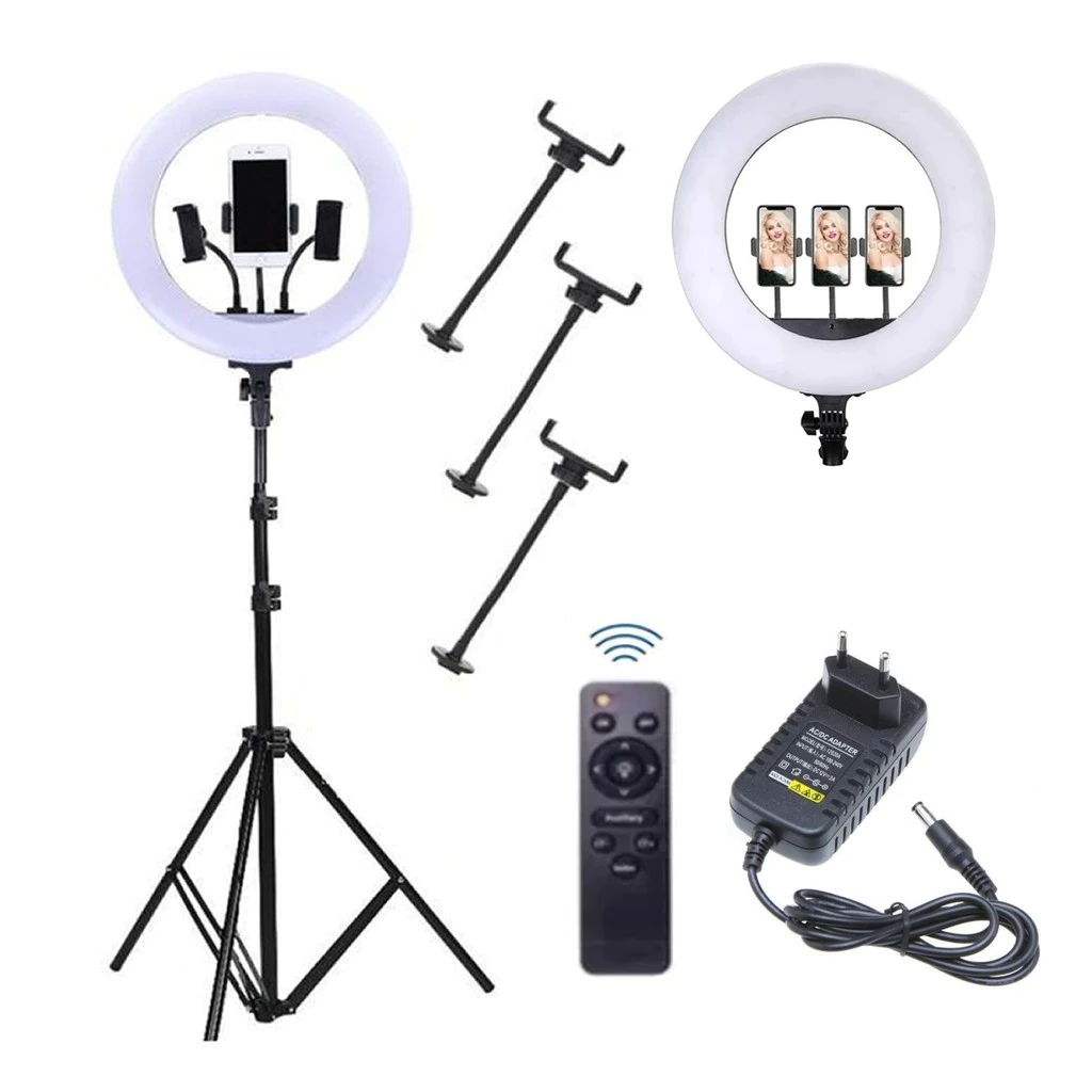 Ring Light Iluminador 14 Polegadas Tres Suporte Celular Fonte Com Tripe De 2.10 Metro 48w