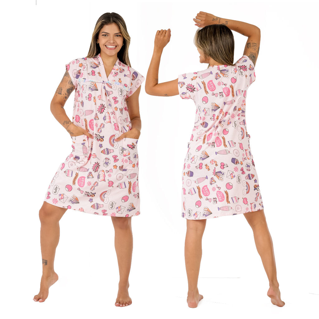 Camisola 100% algodão modelo bata confortável moda senhora pijama vestido de dormi