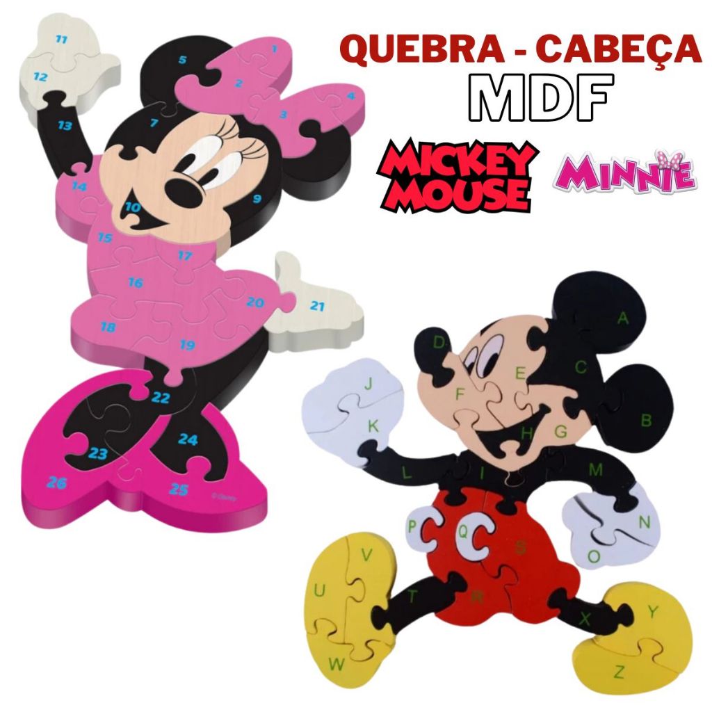 Brinquedo Quebra Cabeça MDF Disney Minnie e Mickey Brinquedo de Madeira Educativo Números e Letras
